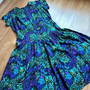 Vintage 1980’s Lucy Pellini, vibrant multicolor short sleeve midi dress. Size 12